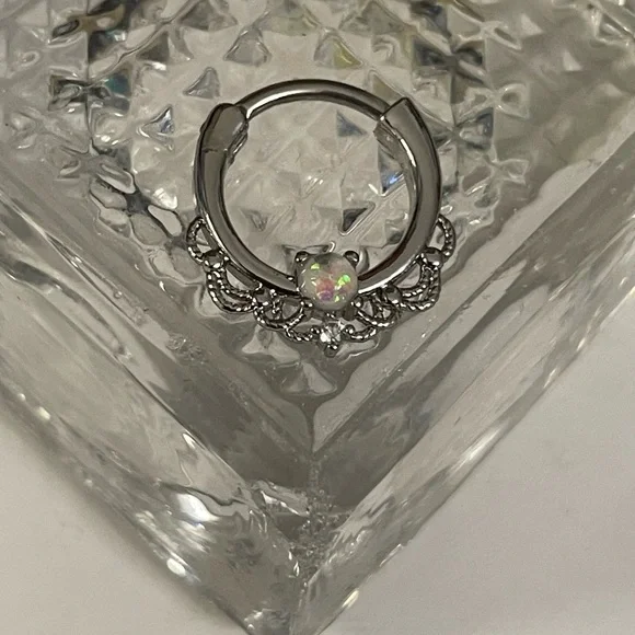 16G Opal & CZ Surgical Steel 10mm Single Hoop Septum/ Daith Clicker NWT - Picture 5 of 11